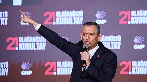 Republican People's Party or (CHP) leader Ozgur Ozel delivers a speech during a CHP convention, in Ankara, April 6, 2025.