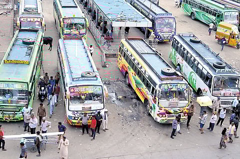Private buses at Kalasipalyam bus stop on Friday.