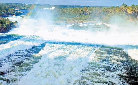 Water being released from the Krishna Raja Sagar reservoir on Friday, following heavy rain in the Cauvery catchment areas.