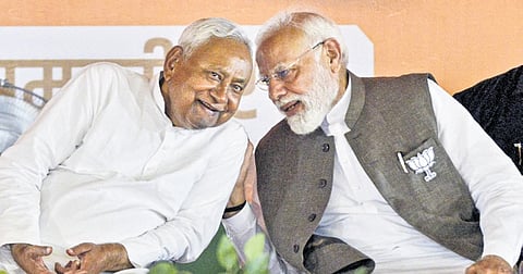 PM Narendra Modi and CM Nitish Kumar during a rally in Samastipur on Friday.