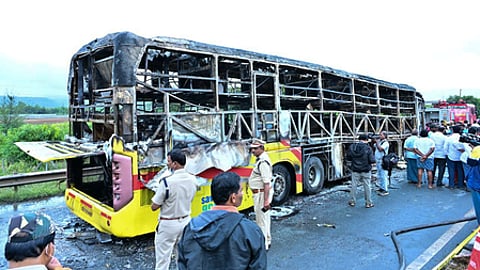 Bus tragedy near Chinnatekuru village in Kurnool district on Friday.