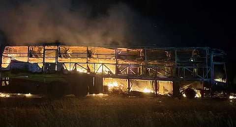 The tragedy unfolded earlier in the day when a private bus carrying 39 passengers caught fire after hitting a bike.