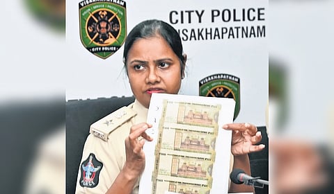 DCP (L&O) D Mary Prashanthi speaking at a press conference in Visakhapatnam on Thursday.