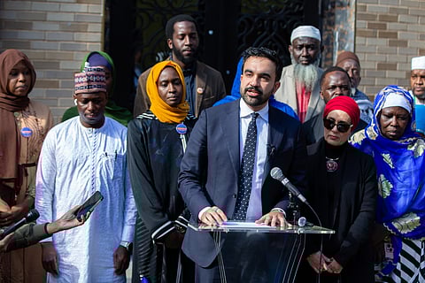 New York City Democratic mayoral candidate Zohran Mamdani speaks at the Islamic Cultural Center of the Bronx mosque in New York on Friday, Oct. 24, 2025.