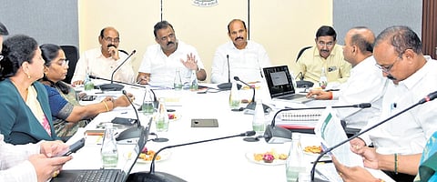 Ministers Md Farooq, Anagani Satya Prasad, Kolusu Parthasarathi and P Narayana during the GoM meeting on Friday.