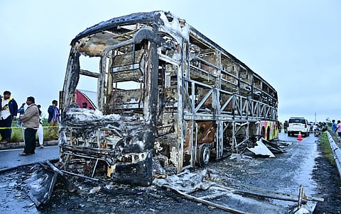 Bus tragedy near Chinnatekuru village in kurnool district on Friday.