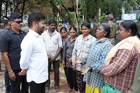 Chief Minister Revanth Reddy made a surprise inspection of the GHMC park works under construction on Jubilee Hills Road No. 45 in Hyderabad on Friday