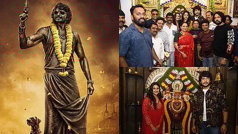 A poster for Halka Don (L) and photos from the film's muhurat ceremony (R)