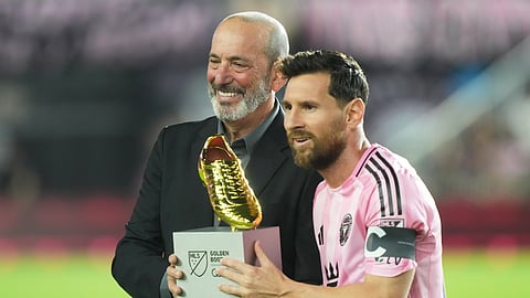 MLS Commissioner Don Garber presents the Golden Boot award to Inter Miami forward Lionel Messi before match one of an MLS playoff opening round soccer match against the Nashville SC, Friday, Oct. 24, 2025, in Fort Lauderdale, Fla.