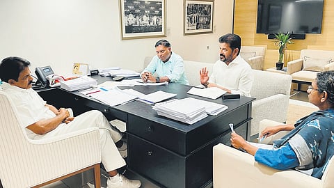AICC general secretary KC Venugopal with Chief Minister A Revanth Reddy, party in-charge for Telangana Meenakshi Natarajan and AICC observers in Delhi on Saturday.