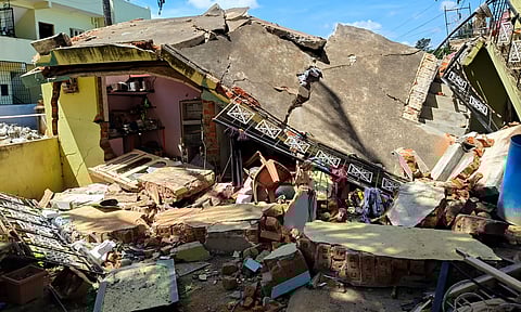 The house collapsed due to LPG cylinder blast at Triveni Layout at KR Puram, in which an old lady died in Bengaluru on Saturday.