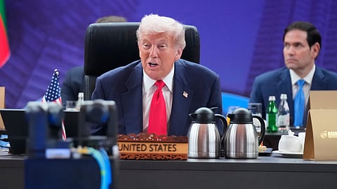 US President Donald Trump addresses a working session of the ASEAN Summit in Kuala Lumpur, Malaysia, Sunday, Oct. 26, 2025.