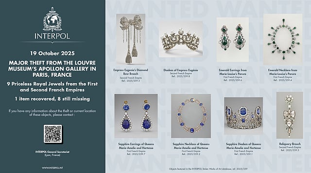 This photo, provided Thursday, Oct. 23, 2025, by Interpol and taken from its website, shows the jewels stolen from the Louvre museum on Sunday, Oct. 19, 2025, in Paris.