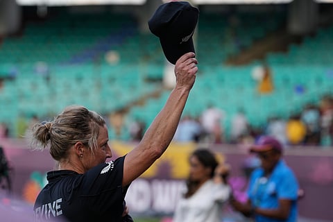 New Zealand's captain Sophie Devine reacts after playing her final One Day International match following the ICC Women's Cricket World Cup.