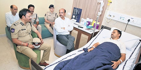 Director General of Police B Shivadhar Reddy and city Commissioner of Police VC Sajjanar call on DCP Chaitanya Kumar at Yashoda Hospital on Sunday.