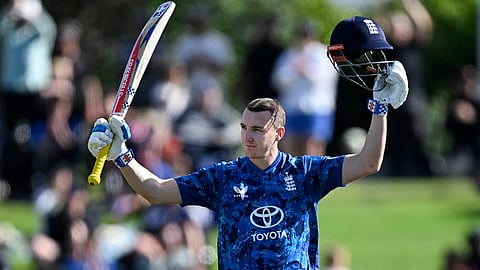 England captain Harry Brook celebrates after reaching a century during the One Day international cricket match between New Zealand and England in Mt Maunganui, New Zealand, Sunday, Oct.26, 2025.