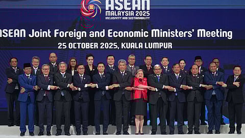 Foreign ministers and economic ministers of ASEAN member countries pose for a group photo during the ASEAN Joint Foreign and Economic Ministers' Meeting in Kuala Lumpur, Malaysia, on Saturday, Oct. 25, 2025.