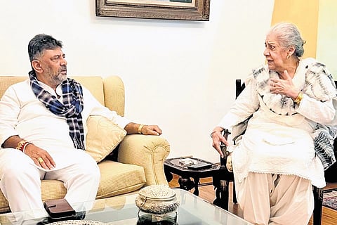 Deputy CM DK Shivakumar in conversation with senior Congress leader and former union minister Ambika Soni, in New Delhi on Monday