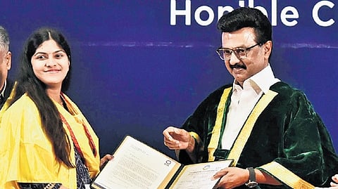 CM MK Stalin at the Graduation Day of Bharathidasan Institute of Management in Chennai on Monday.