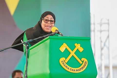 Tanzania's President Samia Suluhu Hassan delivers her remarks during the launch of the party's campaign for general elections, at Tanganyika Packers grounds in Dar es Salaam, Tanzania, Thursday, Aug. 28, 2025.