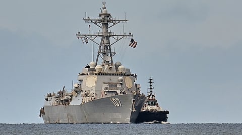 The USS Gravely destroyer arrives to dock for military exercises in Port-of-Spain, Trinidad and Tobago, Sunday, Oct. 26, 2025.
