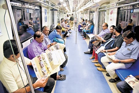 Currently, Chennai Metro trains use automatic sliding doors equipped with obstacle detection sensors that prevent closure when objects obstruct the doorway.