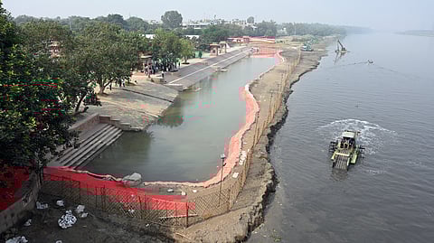 A view of Vasudev Ghat where PM Modi likely to offer Chahat Puja Prayer, in New Delhi on Sunday.