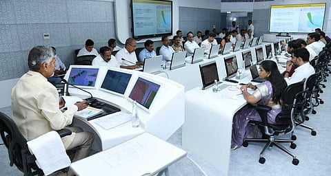 Chief Minister N Chandrababu Naidu reviewing preparedness at the Real-Time Governance Society (RTGS) centre in the Secretariat on Monday.