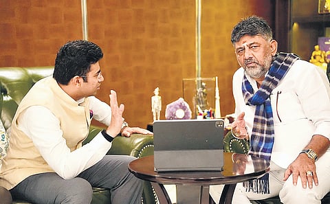 Bengaluru South BJP MP Tejasvi Surya (L) and Deputy Chief Minister DK Shivakumar (R).