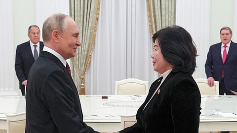 Russian President Vladimir Putin shakes hands with North Korean Foreign Minister Choe Son Hui during their meeting at the Kremlin in Moscow, Russia, Monday, Oct. 27, 2025.