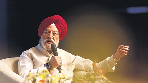 Union Petroleum Minister Hardeep Singh Puri speaks during a meet in Hyderabad.