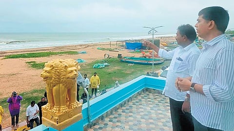 Minister Dola, along with the district Special Officer Kona Sasidhar, inspecting cyclone preparedness measures at rehabilitation centres and interacting with the villagers in Voollapalem on Tuesday