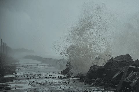 Waves crash against the shore amid rough sea conditions ahead of the landfall of Cyclone 'Montha' in Andhra Pradesh coast; relief camps are operating all across the affected districts