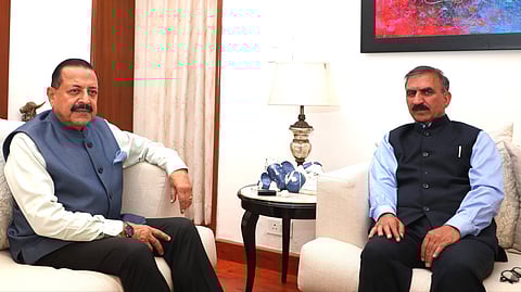 Himachal Pradesh Chief Minister Sukhvinder Singh Sukhu (R) in a meeting with Minister of State for Science and Technology and Earth Sciences Dr Jitendra Singh.
