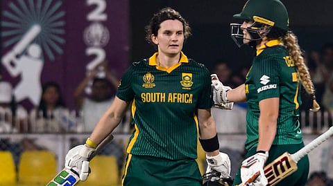South Africa's captain Laura Wolvaardt celebrates her century during the semifinal against England (Photo | PTI)