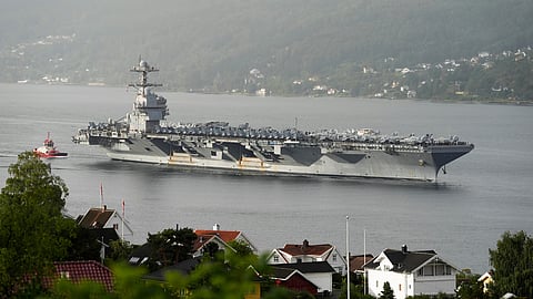 The American aircraft carrier USS Gerald R. Ford, on its way into the Oslofjord, at Drobak in Norway, Sept. 12, 2025.