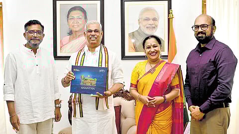 Governor Rajendra Arlekar releasing ‘Anantha’, a coffee table book brought out by Tnie on Thursday. TNIE CEO Lakshmi Menon, Resident Editor-Kerala Kiran Prakash (extreme left), and General Manager-Kerala and Head, Special Publications, Vishnukumar are also seen