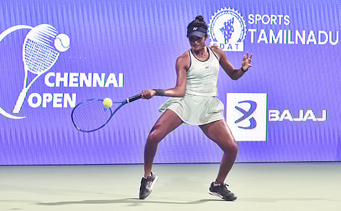 Sahaja Yamalapalli hits a return against Donna Vekic of Croatia on Thursday