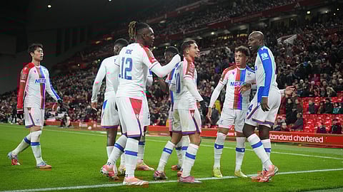Crystal Palace players celebrate after a goal during the English League Cup fourth round soccer match between Liverpool and Crystal Palace in Liverpool, England, Wednesday, Oct. 29, 2025.