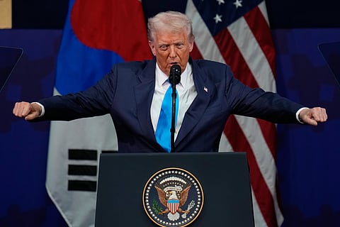 United States President Donald Trump speaks at the Asia-Pacific Economic Cooperation (APEC) CEO summit in Gyeongju, South Korea, Wednesday, Oct. 29, 2025.