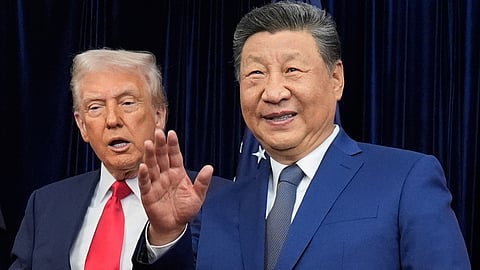 Chinese President Xi Jinping, right, with US President Donald Trump, during their summit talk at Gimhae International Airport in Busan, South Korea, Thursday, Oct. 30, 2025.