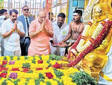 Vice President C P Radhakrishnan and Chief Minister M K Stalin paying respects to late leader Muthuramalinga Thevar on his 118th birth anniversary on Thursday
