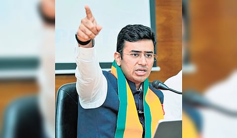 Bengaluru South MP Tejasvi Surya addresses the media at the BJP office on Wednesday.