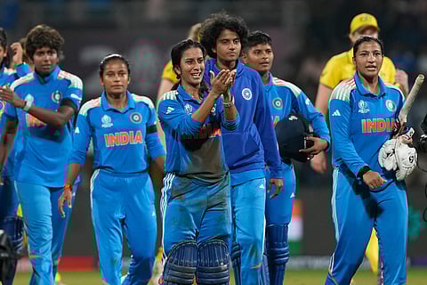 An emotional Jemimah Rodrigues (c) celebrating after helping the team pull off a sensational win over Australia on Thursday