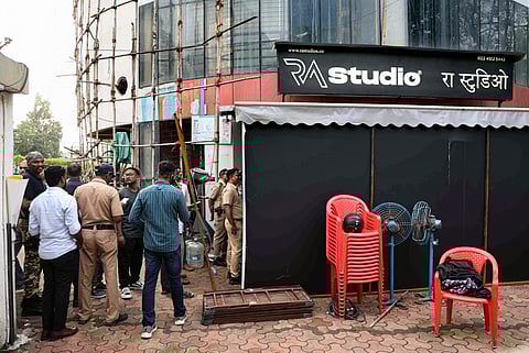 Police personnel at the site where 19 persons including 17 children were rescued from a studio in Powai area while the man who had held them hostage succumbed to bullet injuries sustained during the operation, in Mumbai, Thursday, Oct. 30, 2025.
