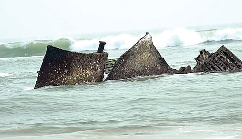 Parts of the shipwreck, which washed ashore at Satabhaya beach.