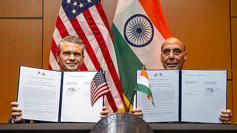 Defence Minister Rajnath Singh with United State's Secretary of War Pete Hegseth during a meeting to sign a 10-year U.S.-India Defense Framework, in Malaysia.