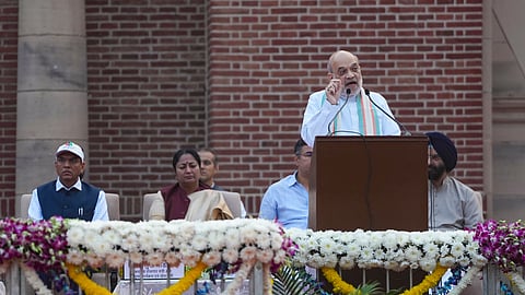 Union Home Minister Amit Shah with Union Minister Mansukh L. Mandaviya, Delhi Chief Minister Rekha Gupta and others during flagging off the 'Run for Unity' on the 150th birth anniversary of the country's first home minister Sardar Vallabhbhai Patel, in New Delhi, Friday, Oct. 31, 2025.