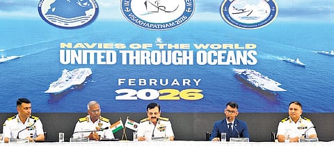 Navy Vice Chief Sanjay Vatsayan briefing media at curtain raiser event.