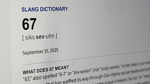 This Dictionary.com page shows the newest word of the year "6-7" on a computer screen, Thursday, Oct. 30, 2025, in Chicago.